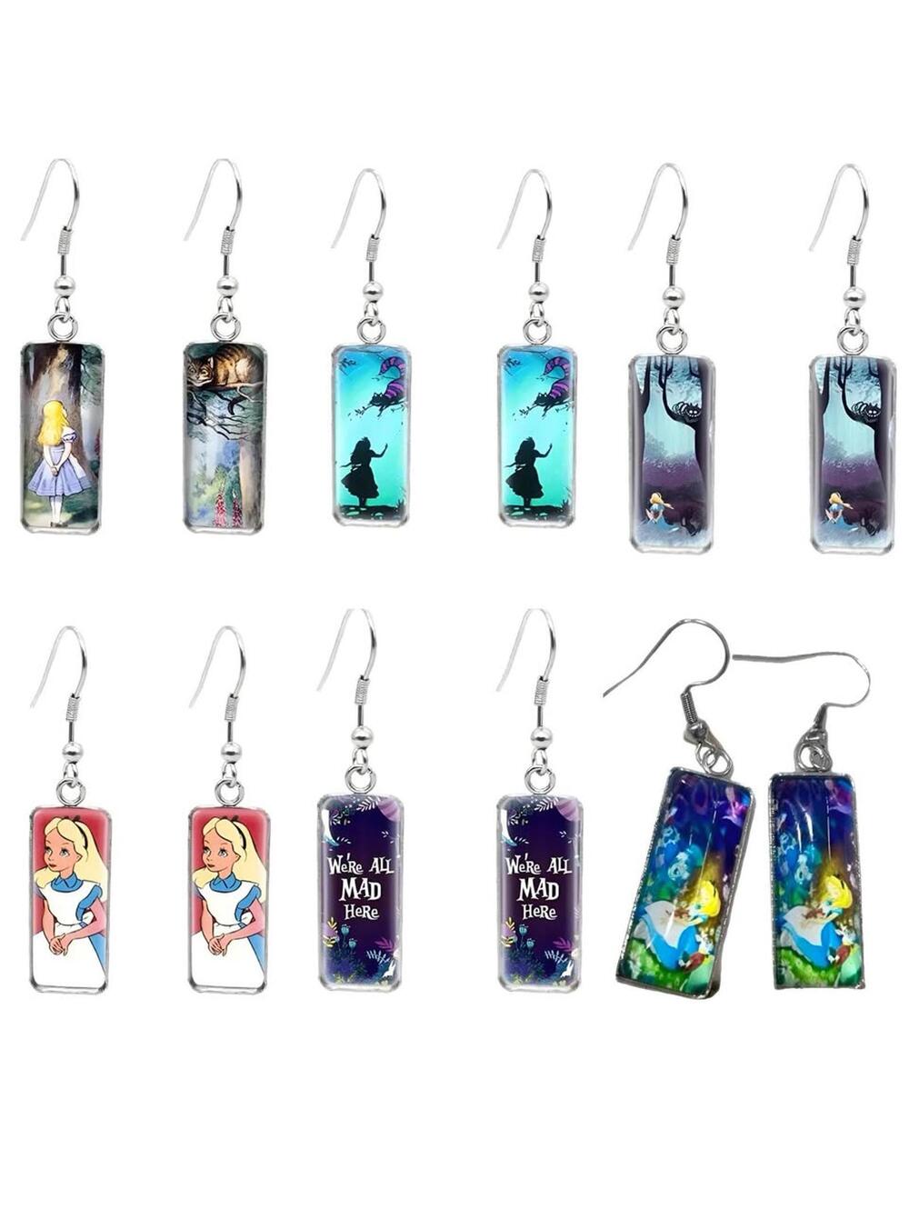 Unique Amazing Alice in Wonderland Portrait Rectangle Earrings Showcasing Alice